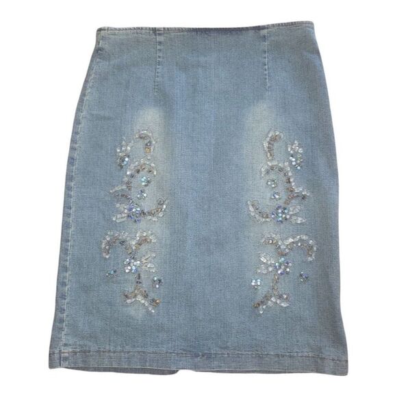 AZI Jean Skirt Women Sz 30 Beaded Knee Length Denim Going Out‎ Blue Distressed - Picture 1 of 5